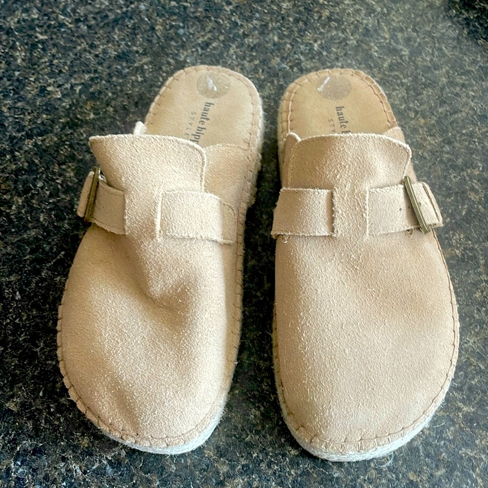 Haute Hippie genuine suede mules.